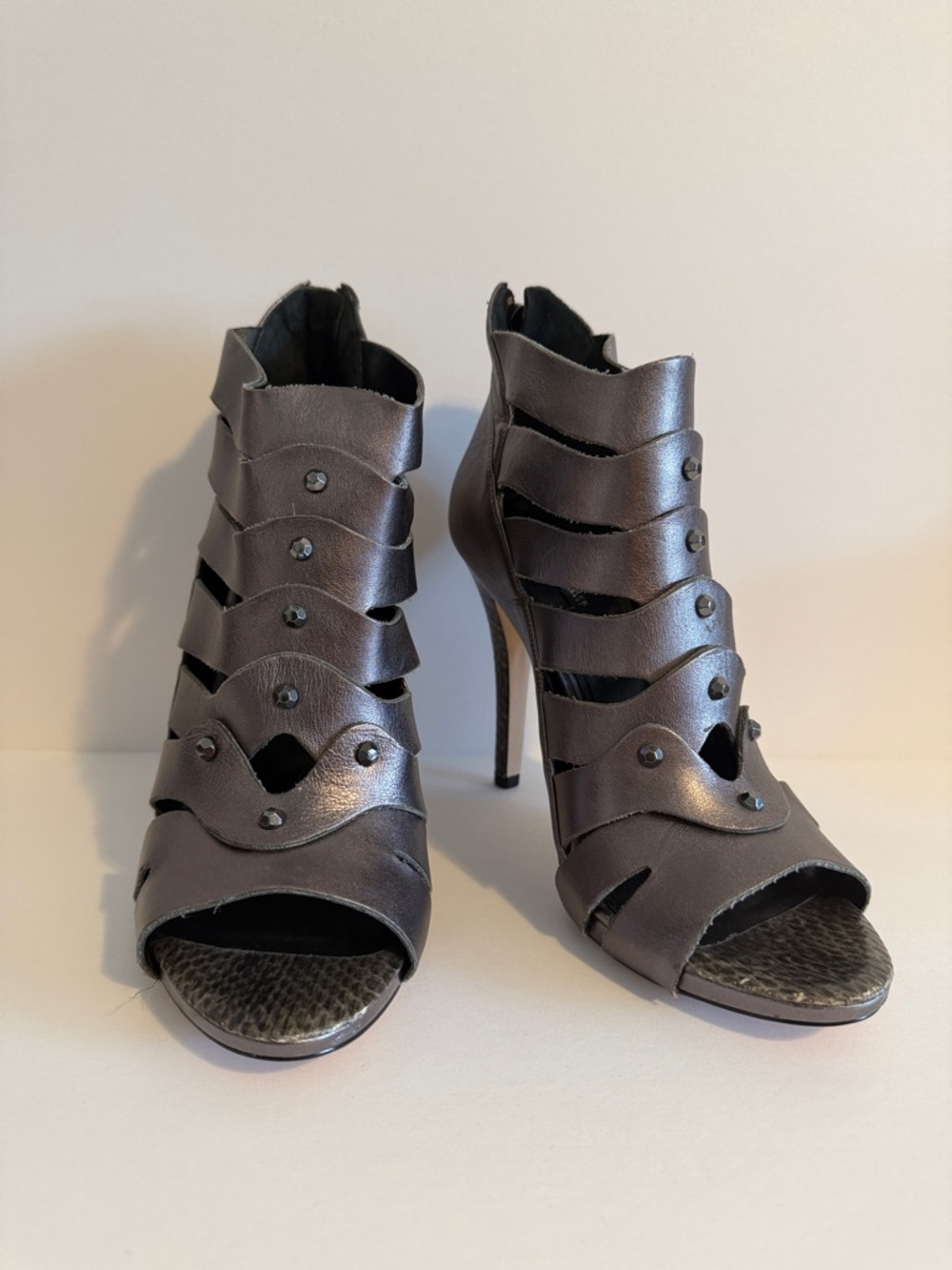 White House Black Market Metallic Gray Strappy Peep-Toe Stiletto Booties